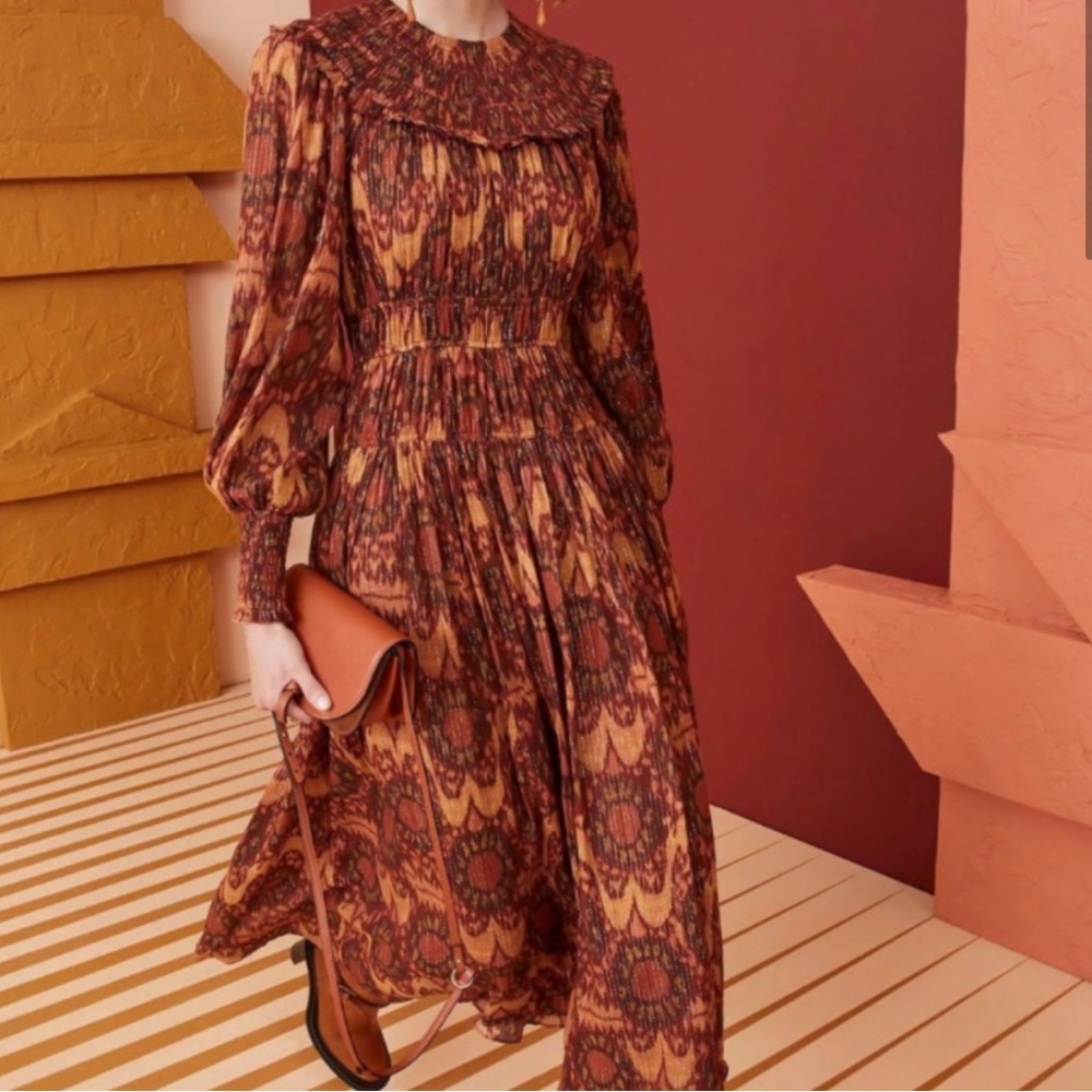 Ulla Johnson Red and Orange Ruffled Tiered Maxi Dress